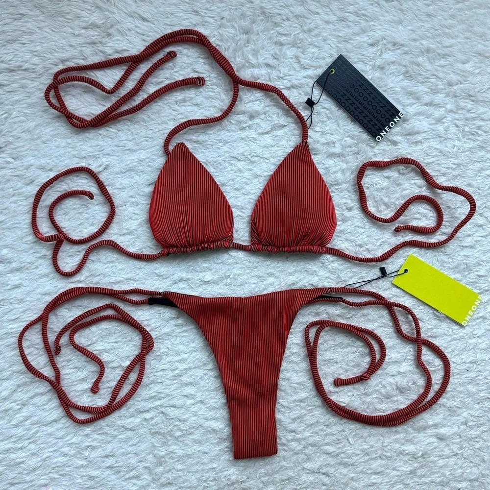NWT OneOne Swimwear Bikini SET Ariel Flame Red Black Ribbed Triangle NEW Sexy - Picture 9 of 10